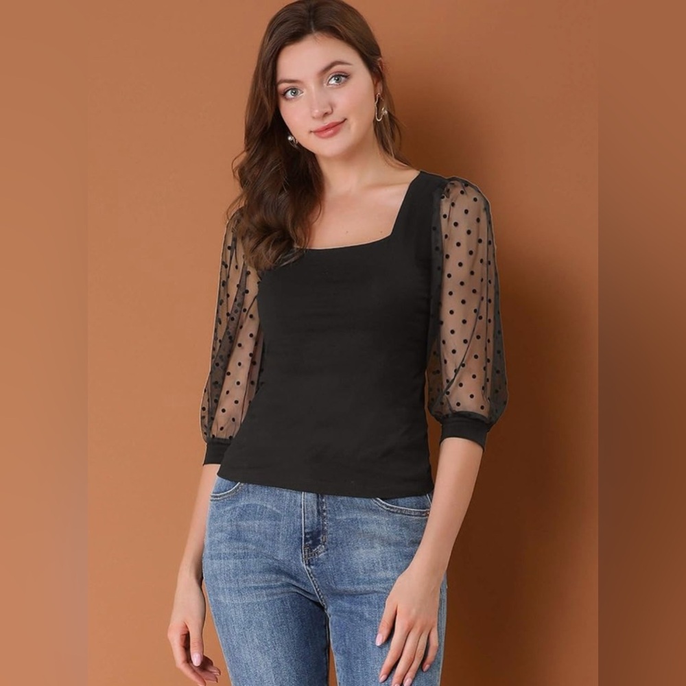 Allegra K Women's Square Neck Top Semi Sheer 3/4 Mesh Sleeve Top